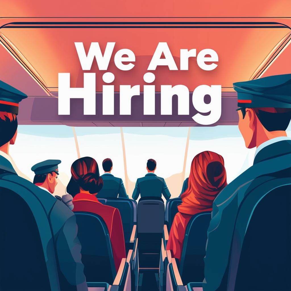 Book cover design with the text 'We Are Hiring' and a flight attendant background featuring an airplane cabin and passengers