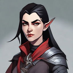 A Dungeons & Dragons character depiction of a high elf rogue with fair skin tone, black medium-length hair, and gray eyes