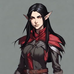 A Dungeons & Dragons character depiction of a high elf rogue with fair skin tone, black medium-length hair, and gray eyes