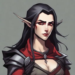 A Dungeons & Dragons character depiction of a high elf rogue with fair skin tone, black medium-length hair, and gray eyes