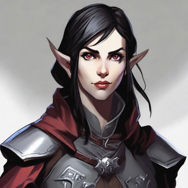 A Dungeons & Dragons character depiction of a high elf rogue with fair skin tone, black medium-length hair, and gray eyes