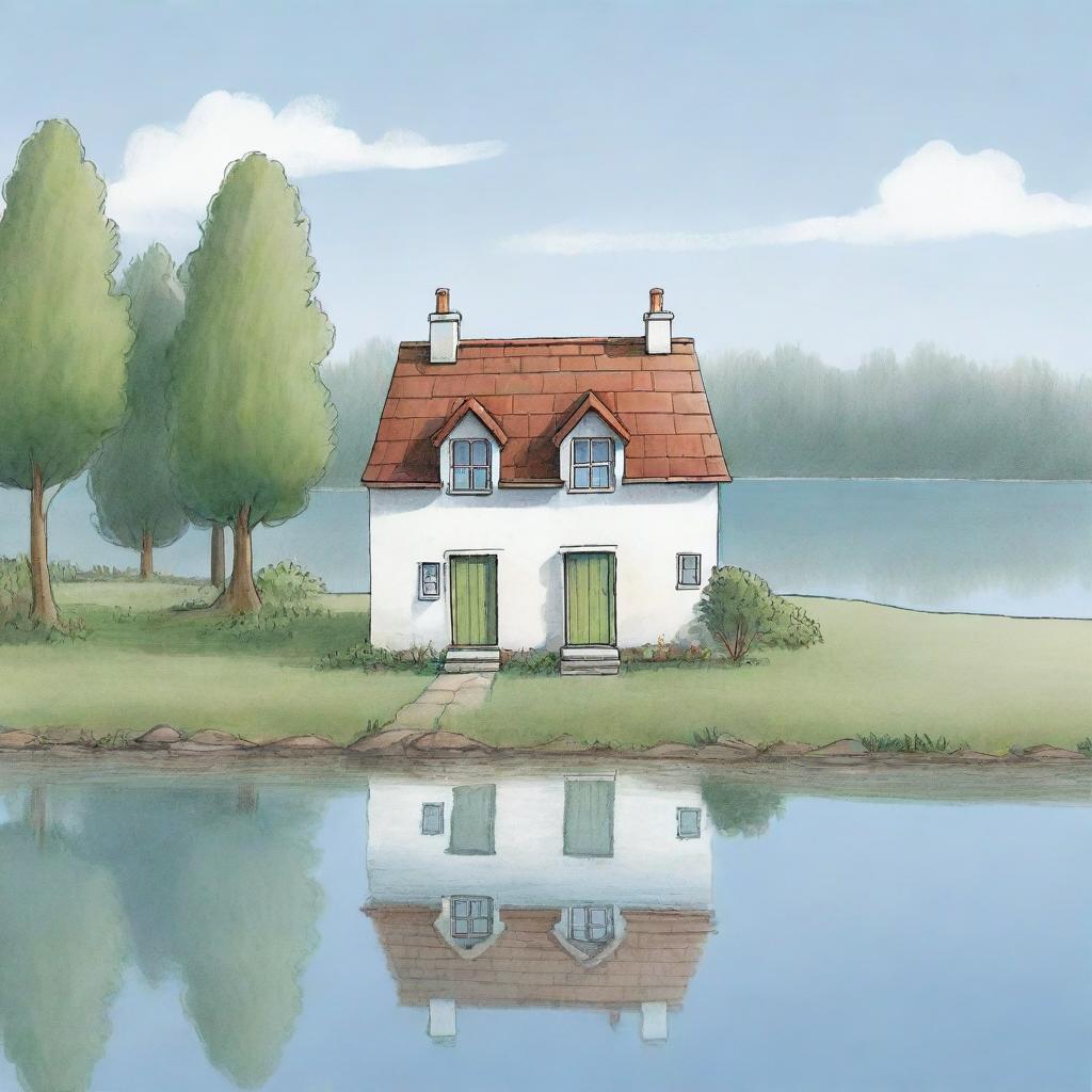 A simple cartoon sketch suitable for a children's book showing a small, charming house situated next to a very basic, calm lake.