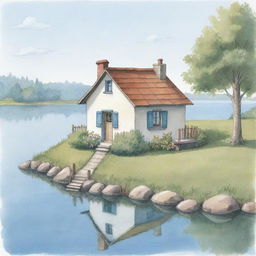 A simple cartoon sketch suitable for a children's book showing a small, charming house situated next to a very basic, calm lake.