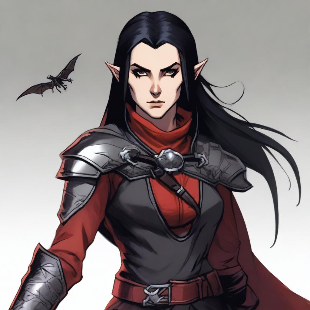 A Dungeons & Dragons character depiction of a high elf rogue with fair skin tone, black medium-length hair, and gray eyes