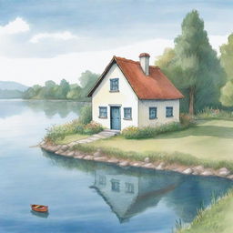 A simple cartoon sketch suitable for a children's book showing a small, charming house situated next to a very basic, calm lake.