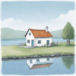 A simple cartoon sketch suitable for a children's book showing a small, charming house situated next to a very basic, calm lake.