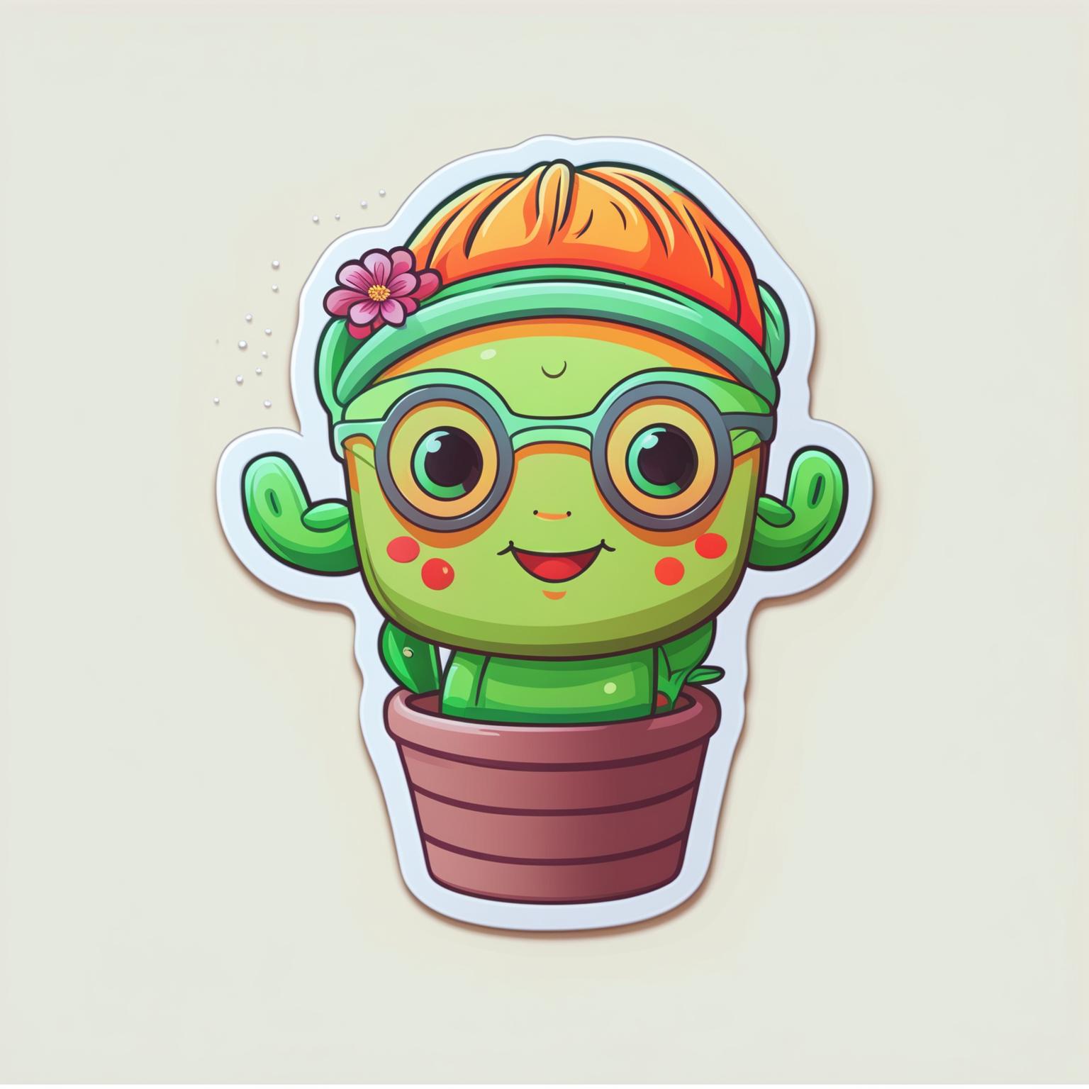 Create a cute cactus sticker design with a cheerful expression, possibly with accessories like flowers or a hat
