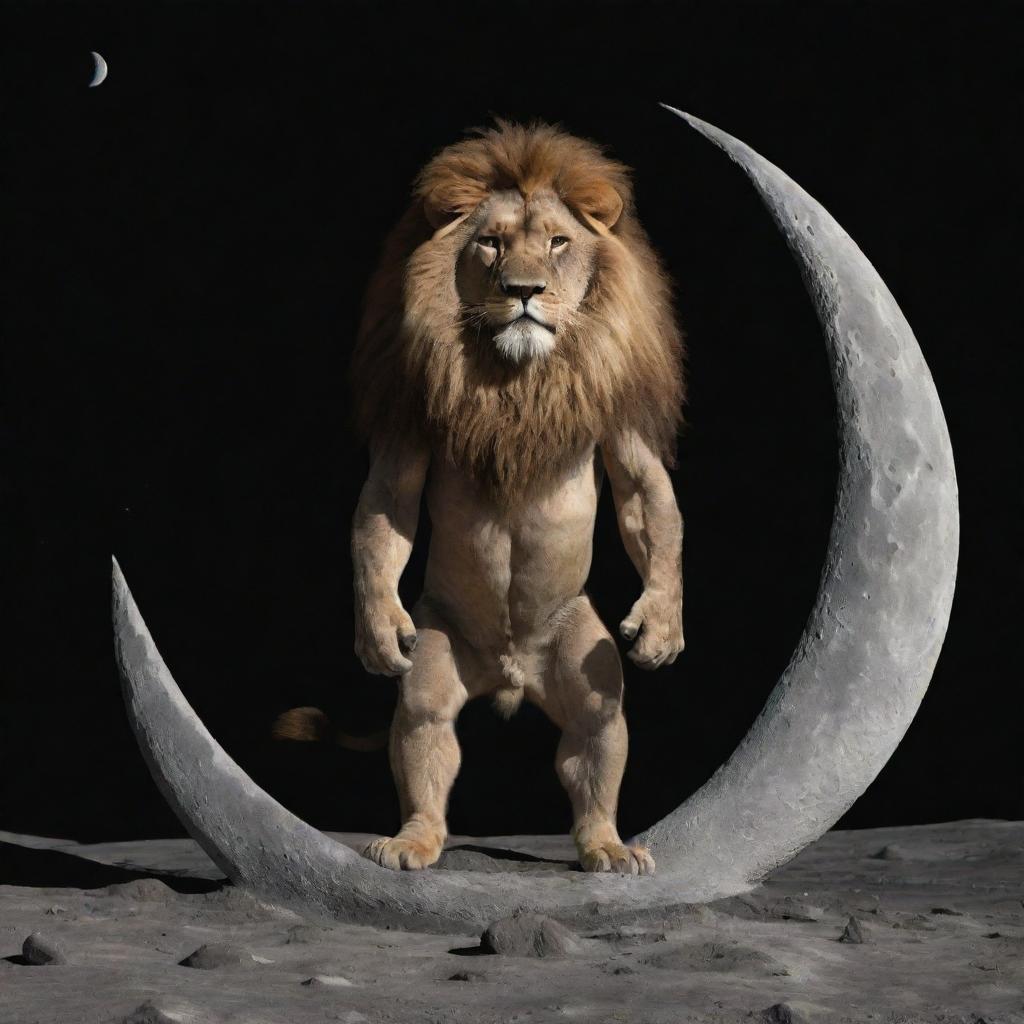 A strong anthropomorphic lion standing on the moon