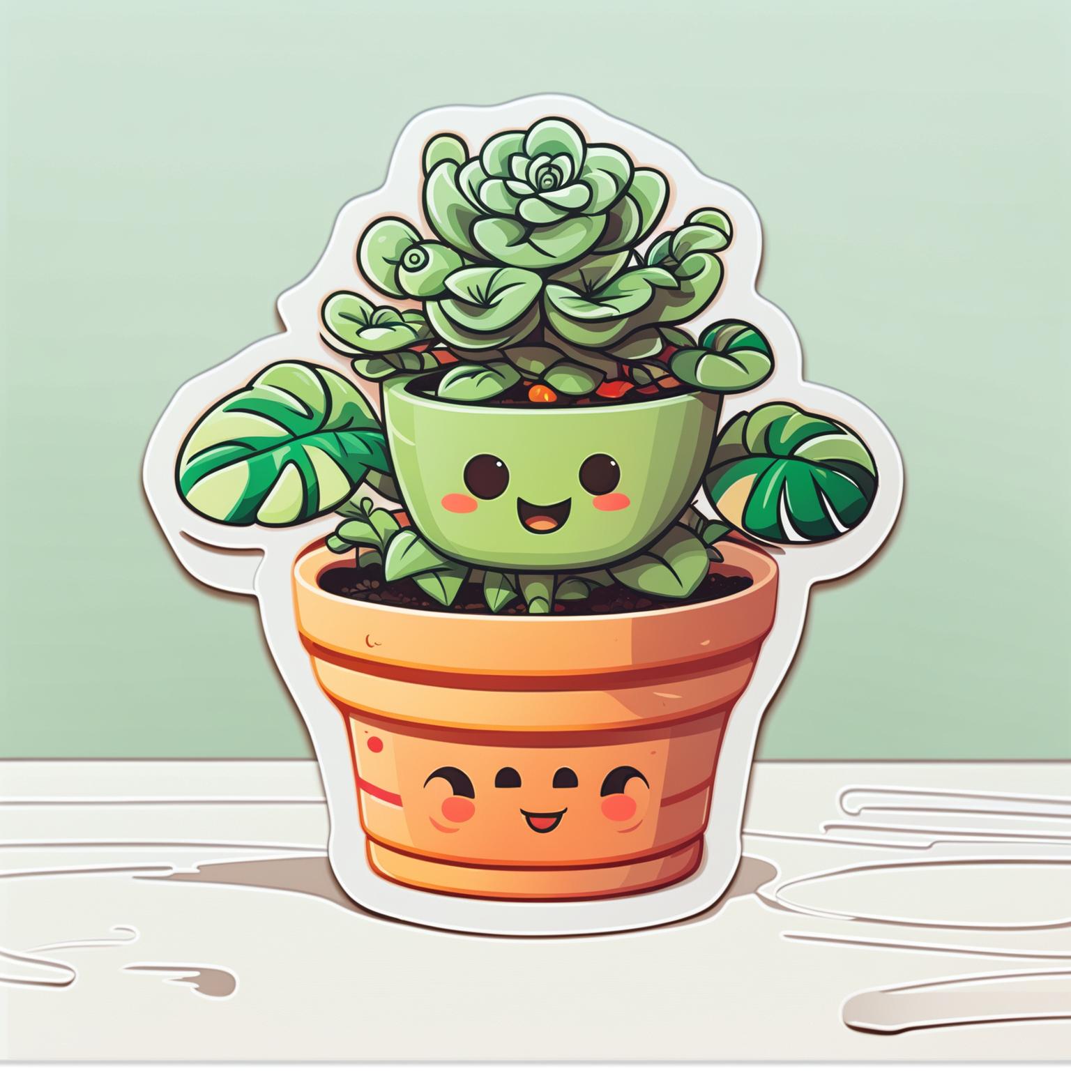 Design a cute sticker featuring a potted plant with lush leaves or flowers