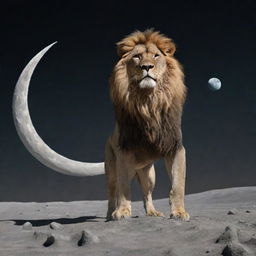 A strong anthropomorphic lion standing on the moon