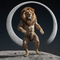 A strong anthropomorphic lion standing on the moon