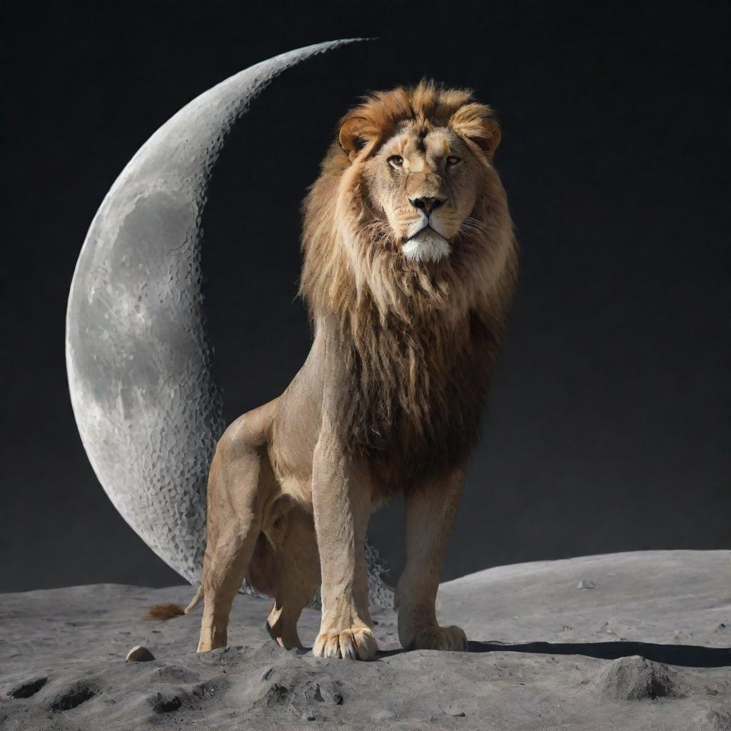 A strong anthropomorphic lion standing on the moon