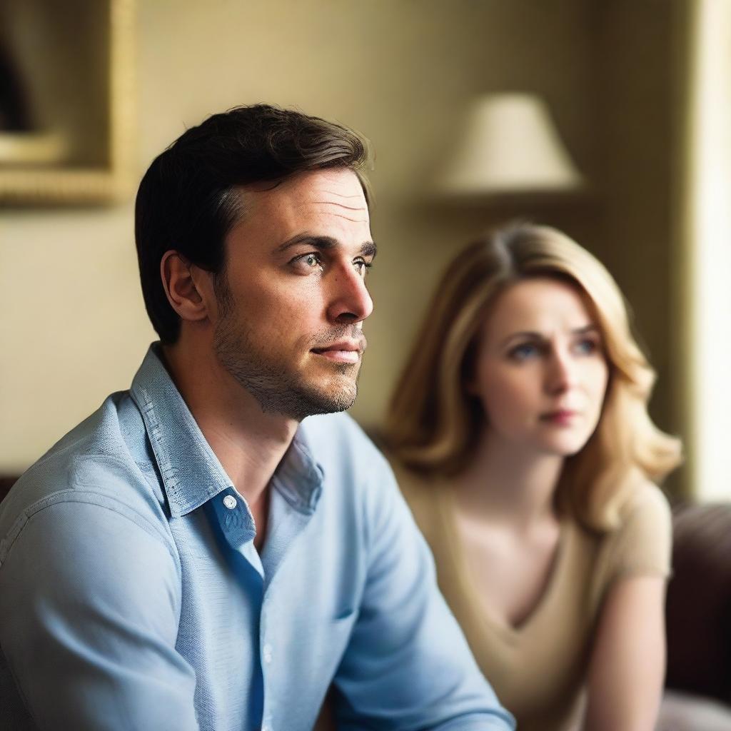 A man looking longingly at his brother's lady friend, with a backdrop of a cozy living room