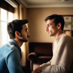 A man looking longingly at his brother's lady friend, with a backdrop of a cozy living room