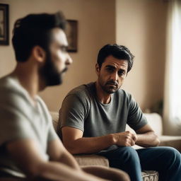 A man looking longingly at his brother's lady friend, with a backdrop of a cozy living room