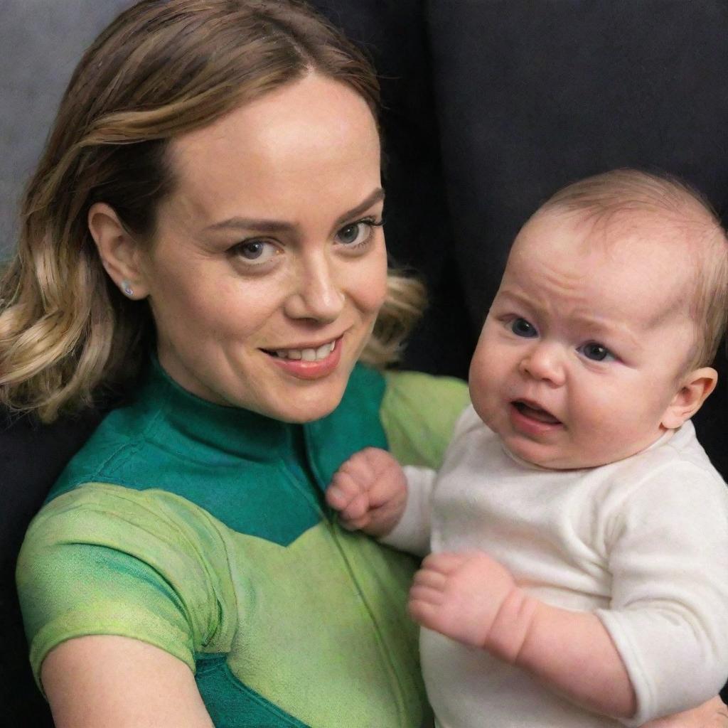 Captain Marvel Brie Larson dressed as a baby  while female aliens 