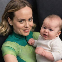 Captain Marvel Brie Larson dressed as a baby  while female aliens 