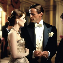 A wealthy man, dressed in luxurious clothing, looking longingly at his brother's lady friend during a high-society event