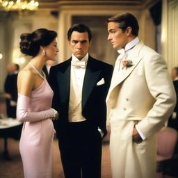 A wealthy man, dressed in luxurious clothing, looking longingly at his brother's lady friend during a high-society event