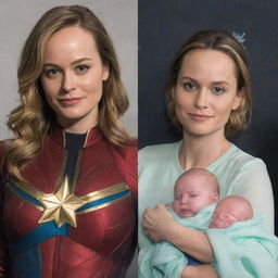 Captain Marvel Brie Larson dressed as a baby  while female aliens 