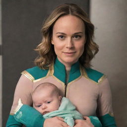 Captain Marvel Brie Larson dressed as a baby  while female aliens 