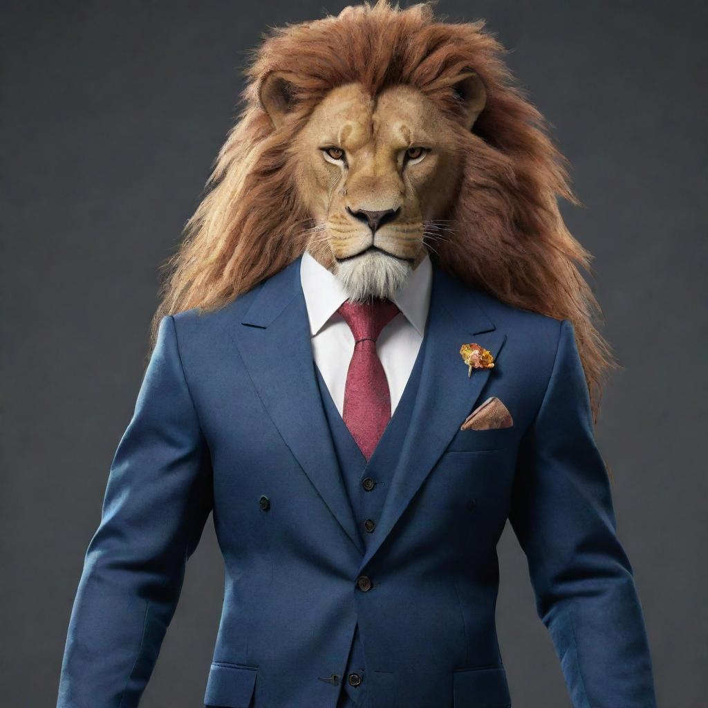 A strong video game character with a blend of human and lion features, donned in a suit