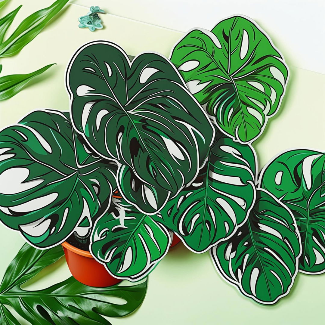 Create a cute Monstera plant sticker with large, split leaves and a cheerful expression