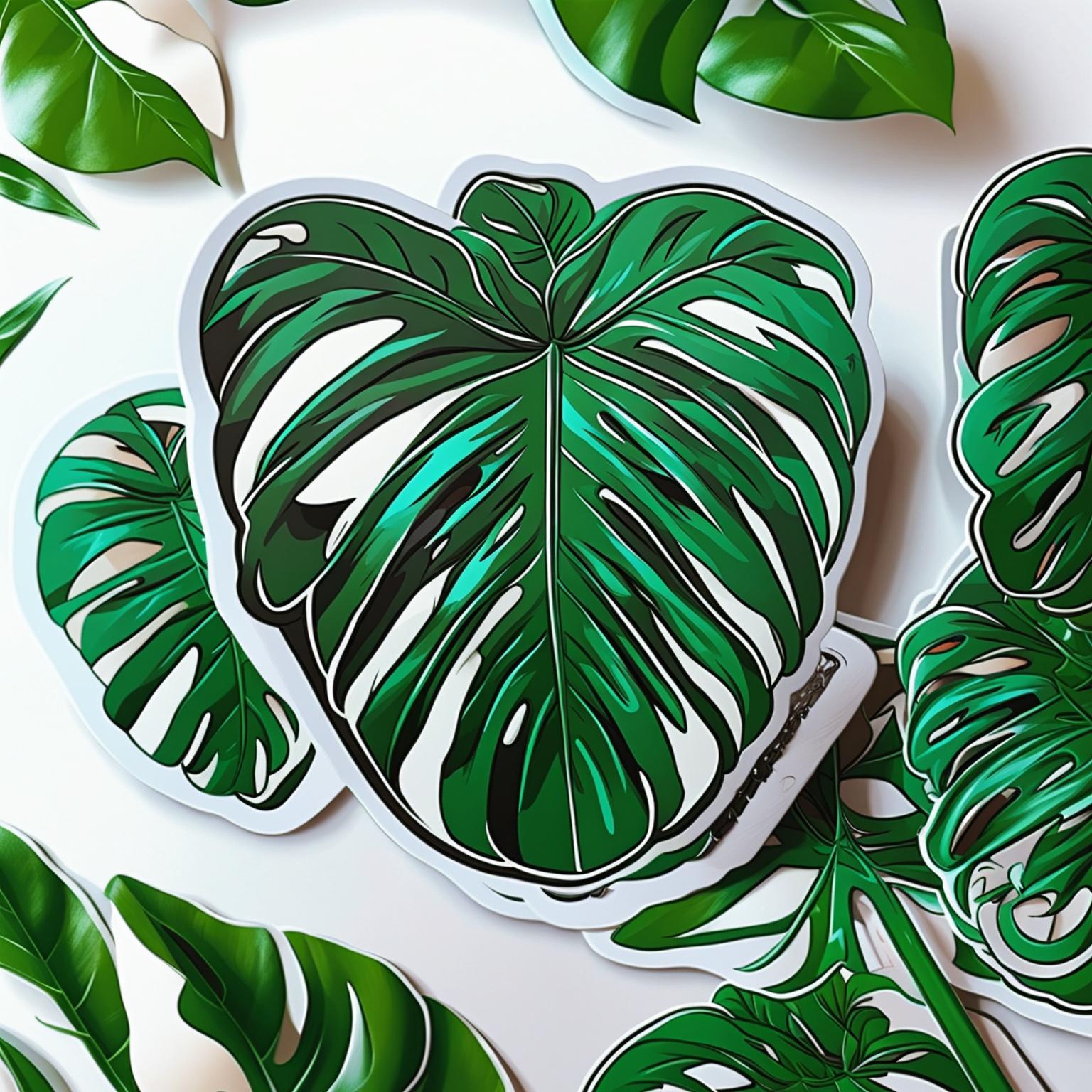 Create a cute Monstera plant sticker with large, split leaves and a cheerful expression