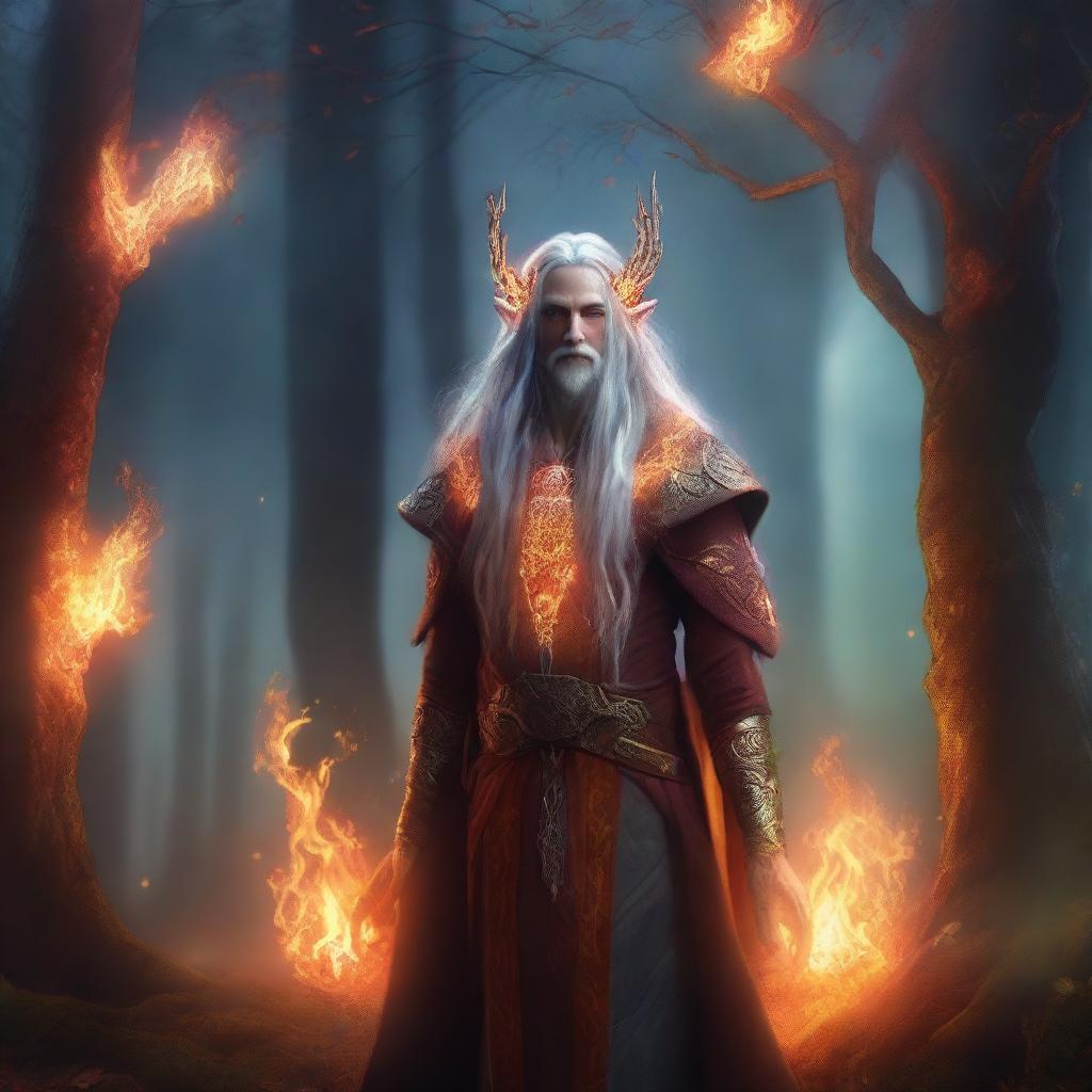 A fire druid elf standing in a mystical forest, surrounded by glowing embers and magical flames