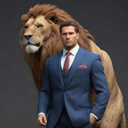 A strong video game character with a blend of human and lion features, donned in a suit