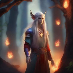 A fire druid elf standing in a mystical forest, surrounded by glowing embers and magical flames