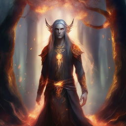 A fire druid elf standing in a mystical forest, surrounded by glowing embers and magical flames