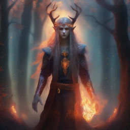 A fire druid elf standing in a mystical forest, surrounded by glowing embers and magical flames