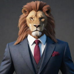 A strong video game character with a blend of human and lion features, donned in a suit