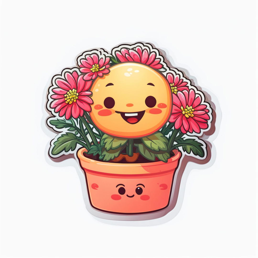 Design a cute Chrysanthemum plant sticker with full blooms in various colors and lush green leaves