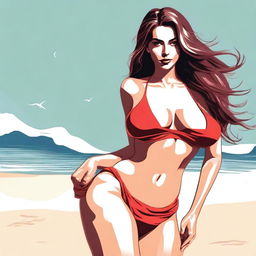 Create a full-body image of a woman wearing a sexy red bikini