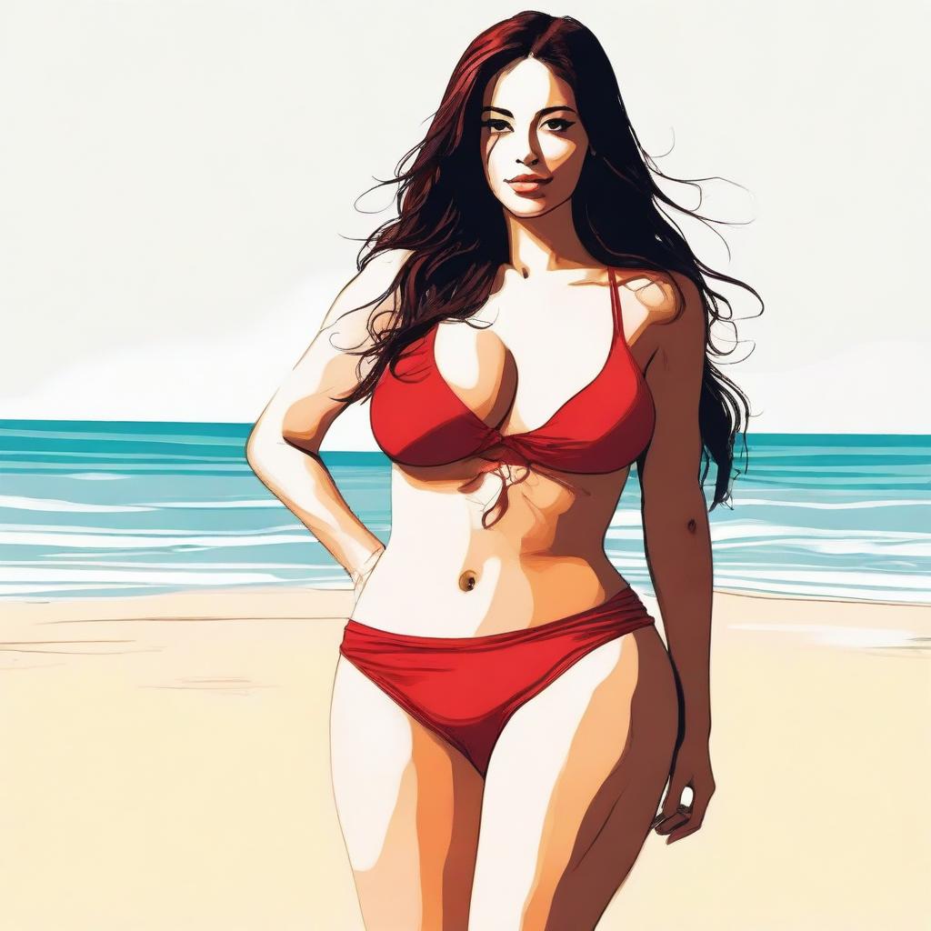 Create a full-body image of a woman wearing a sexy red bikini