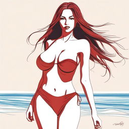 Create a full-body image of a woman wearing a sexy red bikini