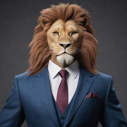 A strong video game character with a blend of human and lion features, donned in a suit