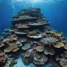 Mysterious and stunning depths of the ocean, teeming with diverse marine life, vibrant coral reefs, and sunken treasures.