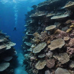 Mysterious and stunning depths of the ocean, teeming with diverse marine life, vibrant coral reefs, and sunken treasures.