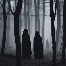 A dark and eerie scene titled 'Whispers in Dark,' set in a shadowy forest at night