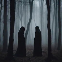 A dark and eerie scene titled 'Whispers in Dark,' set in a shadowy forest at night