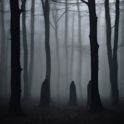 A dark and eerie scene titled 'Whispers in Dark,' set in a shadowy forest at night