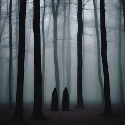 A dark and eerie scene titled 'Whispers in Dark,' set in a shadowy forest at night