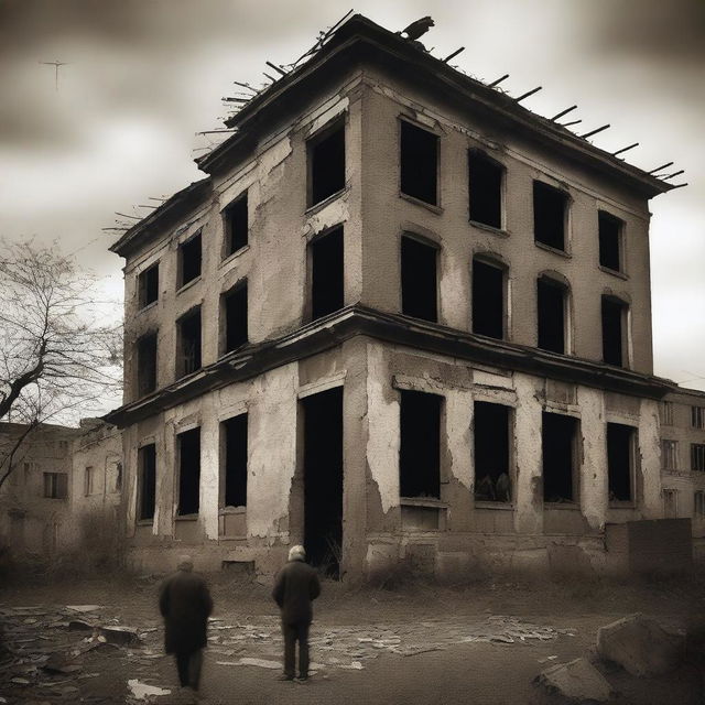 An evocative scene titled 'Echoes of Past,' depicting an old, abandoned building with faded memories