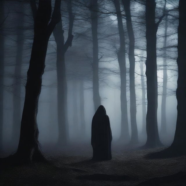 A mysterious and haunting scene titled 'Whispers in Night,' set in a moonlit forest