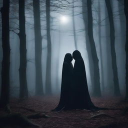 A mysterious and haunting scene titled 'Whispers in Night,' set in a moonlit forest