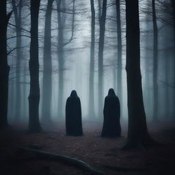 A mysterious and haunting scene titled 'Whispers in Night,' set in a moonlit forest