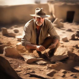 An evocative scene titled 'Unearthing the Past,' depicting an archaeologist carefully excavating ancient artifacts from a historical site